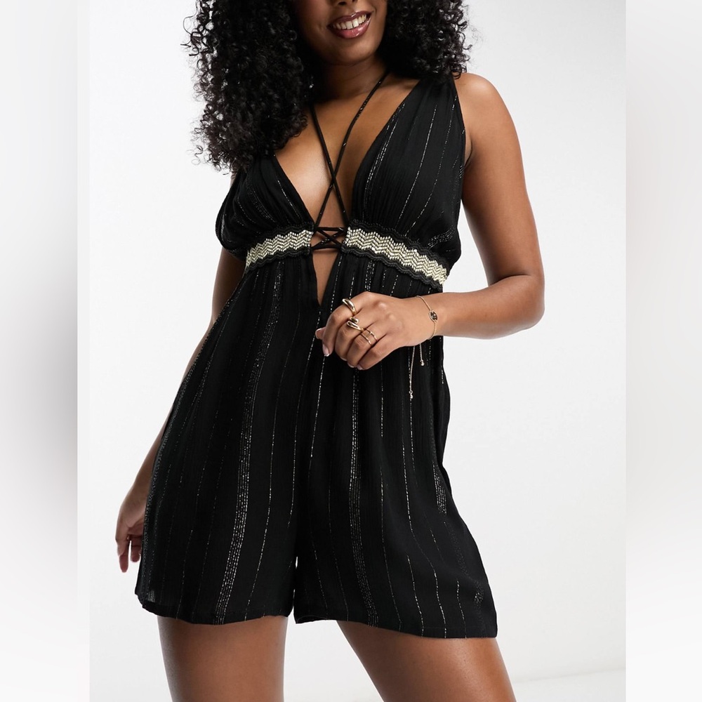 River Island plunge trim romper in black